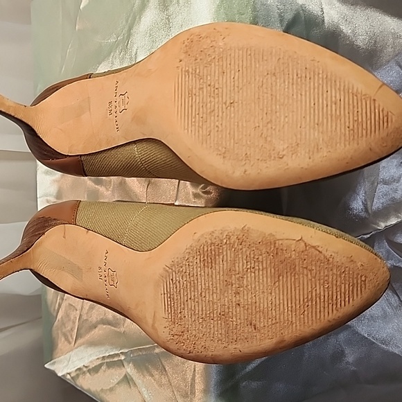 Ann Taylor Khaki Canvas and Cognac Leather Women's Pump Size 8 1/2 - Picture 6 of 8